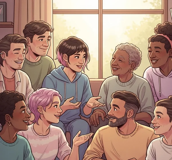 Diverse group of LGBTQ+ people connecting and supporting