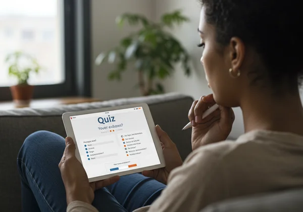 Person reflecting on a sexuality quiz on a tablet