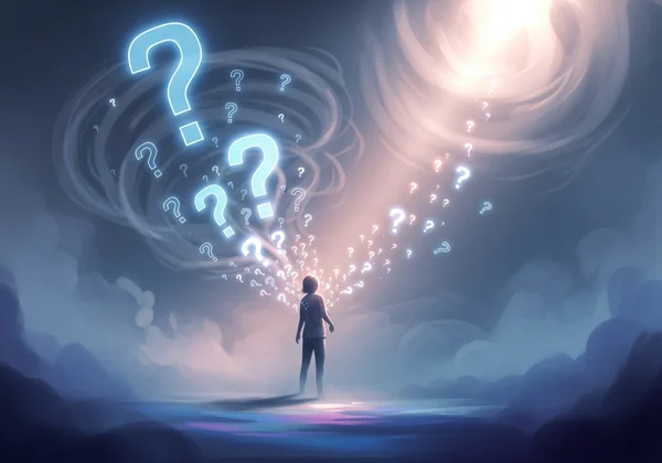 प्रश्नचिह्नों से घिरा व्यक्ति, पहचान की खोज कर रहा है