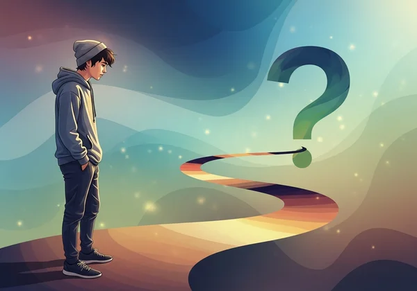 Seorang remaja yang berfikir di jalan identiti dan sokongan.