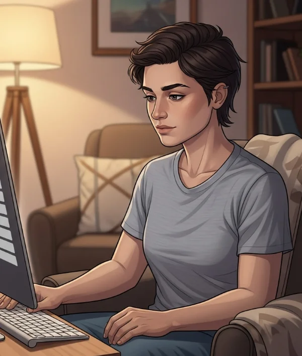 Person thoughtfully considering an asexual quiz online