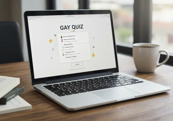 Modern gay quiz interface on a laptop screen.