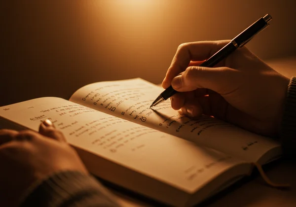 Hand holding a pen over a journal, reflecting thoughts.