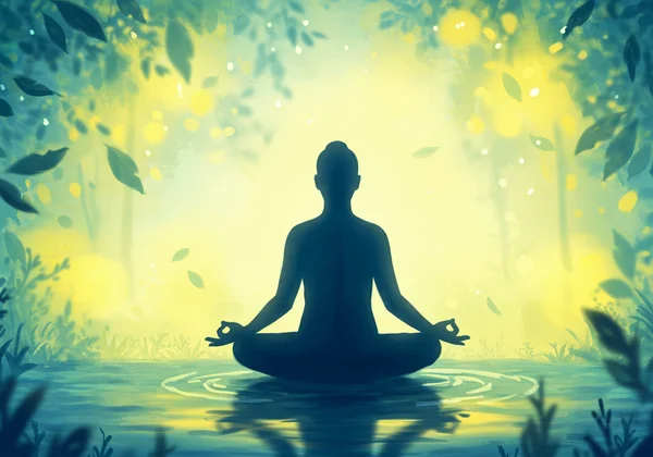 Person in a calm, mindful pose, surrounded by nature.