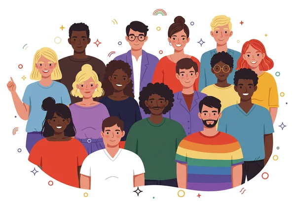 Diverse group embracing LGBTQ+ identities and community.