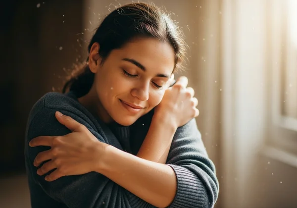 Person embracing self, symbolizing self-acceptance and peace