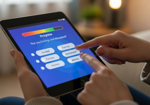Person taking a personalized gay quiz on a tablet device.