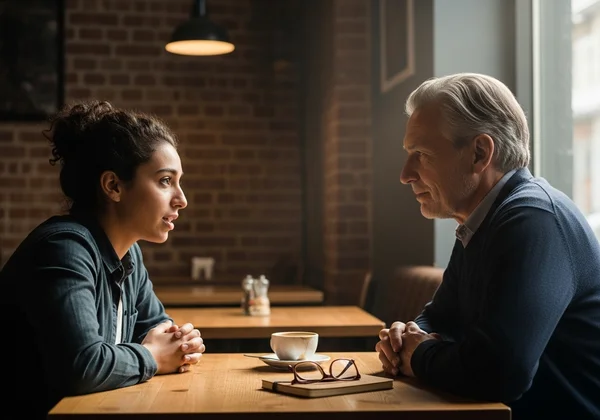Two people having a supportive conversation about identity