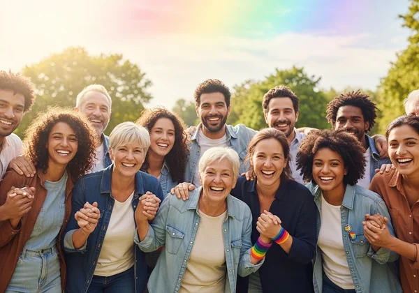 Diverse LGBTQ+ individuals supporting each other in community