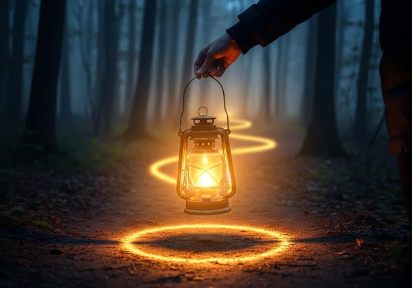 A warm lantern lighting a path, symbolizing guidance